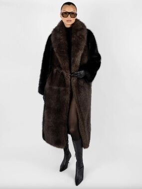WeWoreWhat Faux Fur Belted Jacket - Black x Dark Brown - Size S